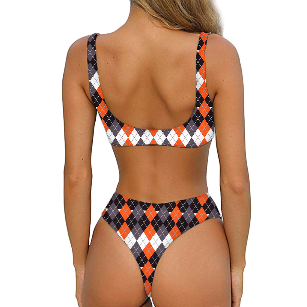 Halloween Themed Argyle Pattern Print Front Bow Tie Bikini