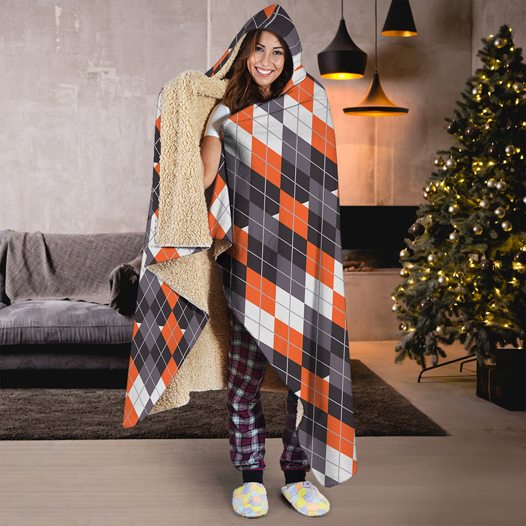 Halloween Themed Argyle Pattern Print Hooded Blanket