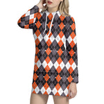Halloween Themed Argyle Pattern Print Hoodie Dress