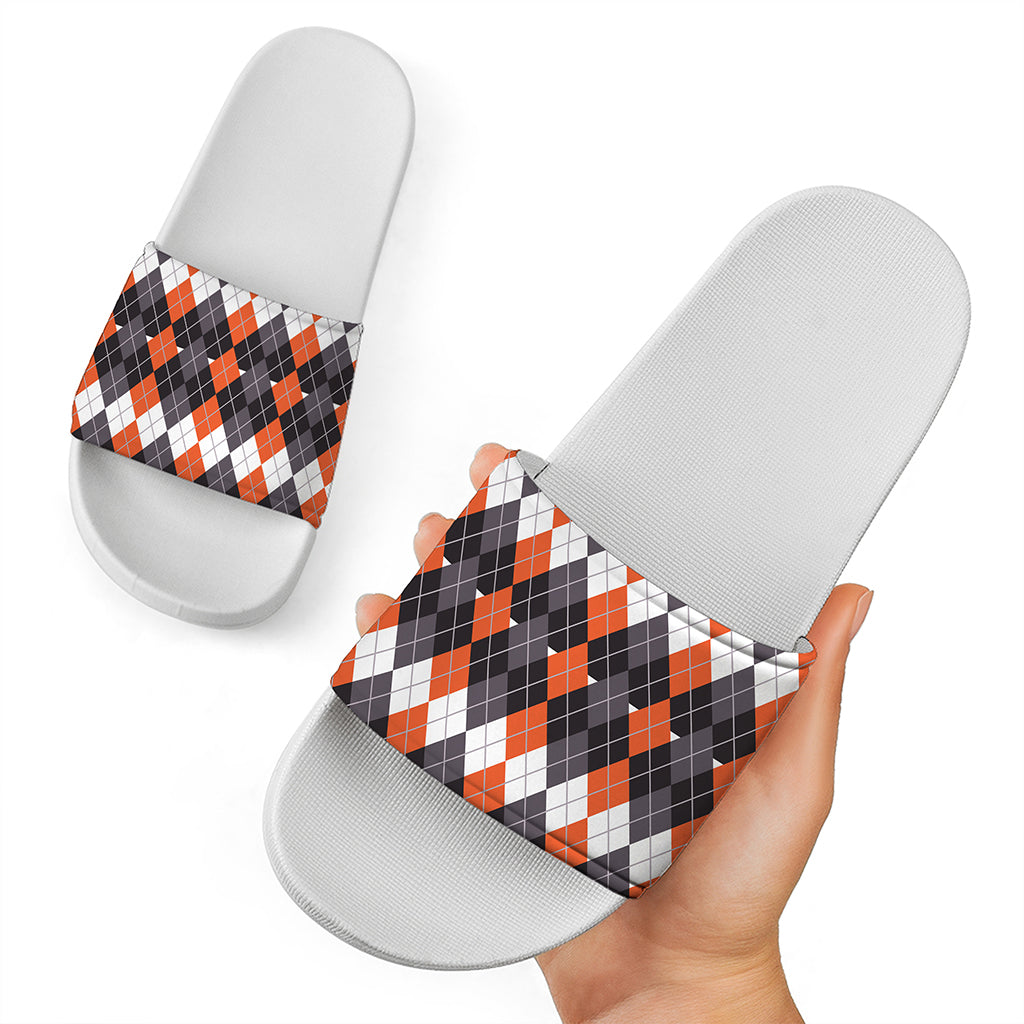 Halloween Themed Argyle Pattern Print White Slide Sandals