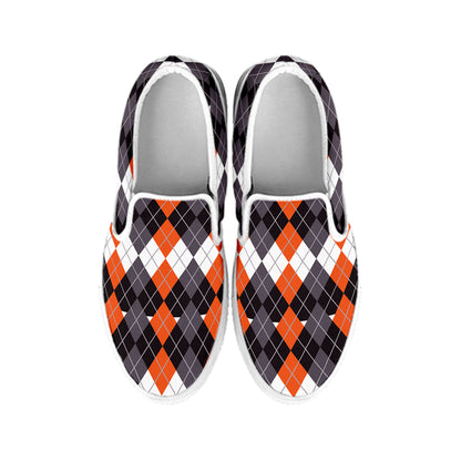 Halloween Themed Argyle Pattern Print White Slip On Shoes