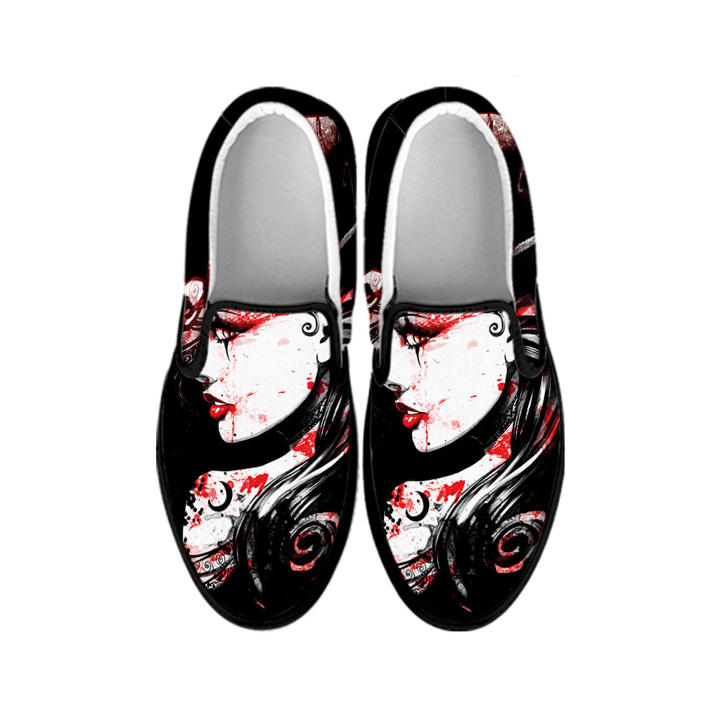 Halloween Vampire Girl Print Black Slip On Shoes