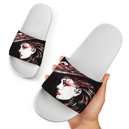 Halloween Vampire Girl Print White Slide Sandals