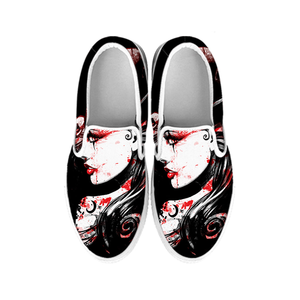 Halloween Vampire Girl Print White Slip On Shoes