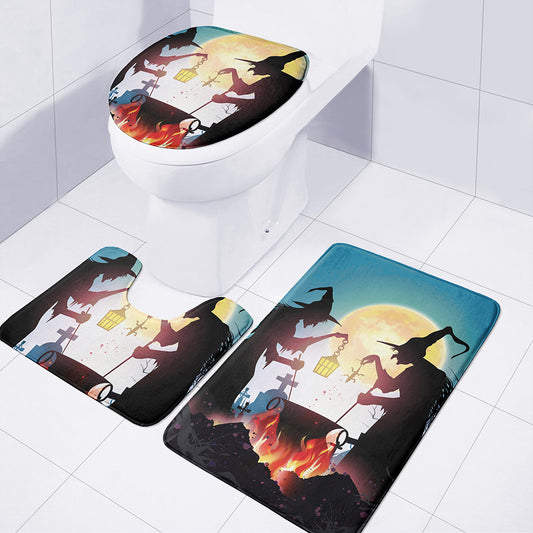 Halloween Witch And Cauldron Print 3 Piece Bath Mat Set