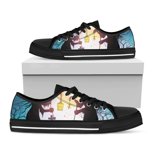 Halloween Witch And Cauldron Print Black Low Top Shoes