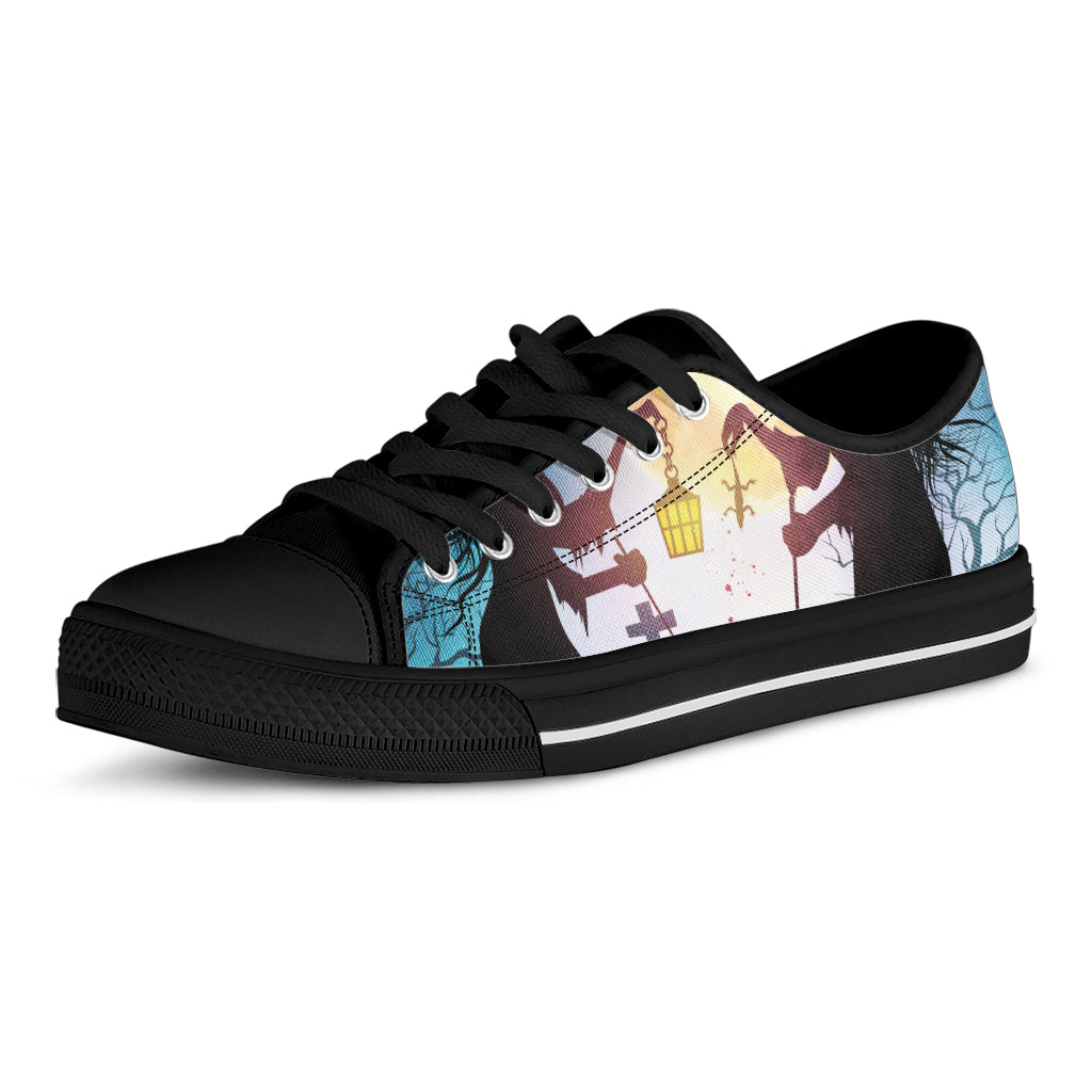 Halloween Witch And Cauldron Print Black Low Top Shoes