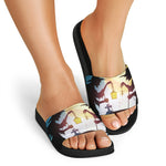 Halloween Witch And Cauldron Print Black Slide Sandals