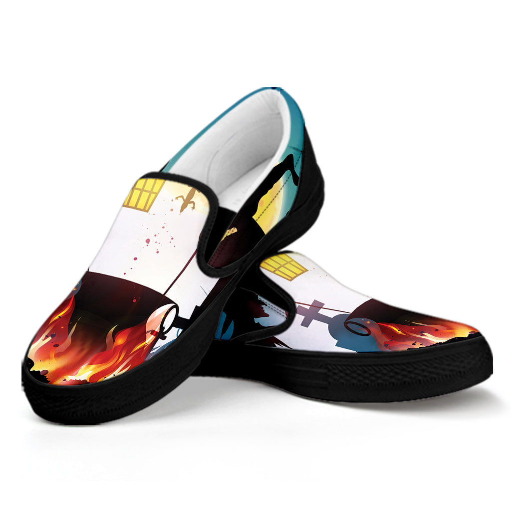 Halloween Witch And Cauldron Print Black Slip On Shoes
