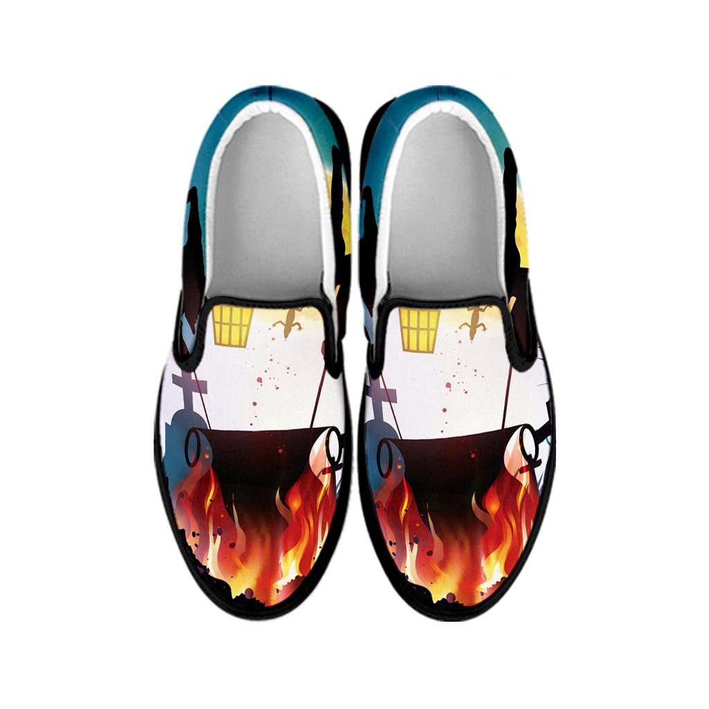 Halloween Witch And Cauldron Print Black Slip On Shoes
