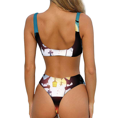 Halloween Witch And Cauldron Print Front Bow Tie Bikini