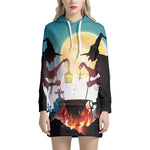 Halloween Witch And Cauldron Print Hoodie Dress