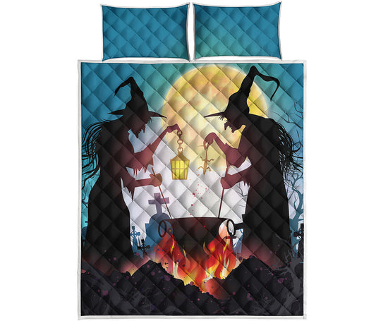 Halloween Witch And Cauldron Print Quilt Bed Set