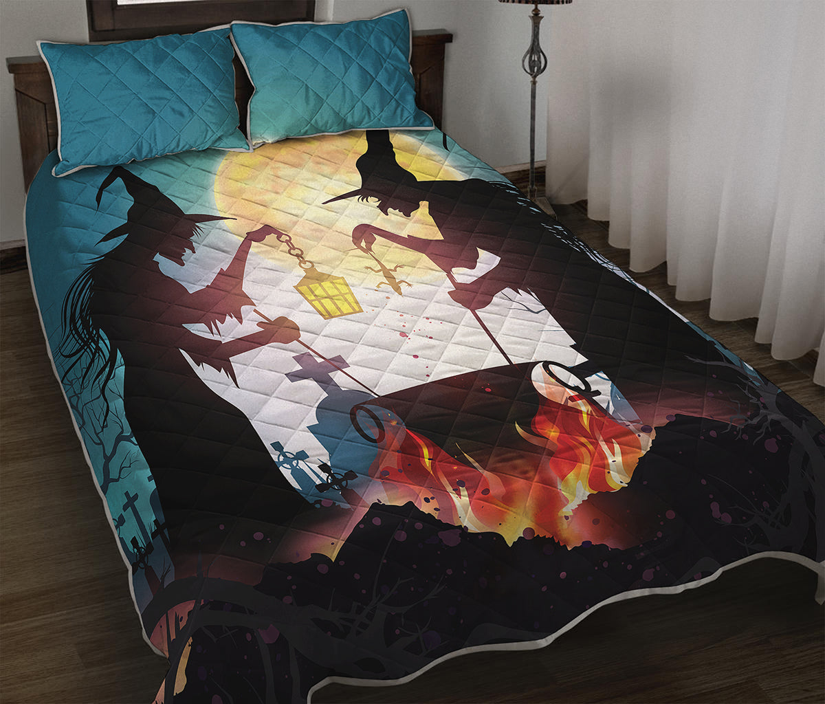 Halloween Witch And Cauldron Print Quilt Bed Set