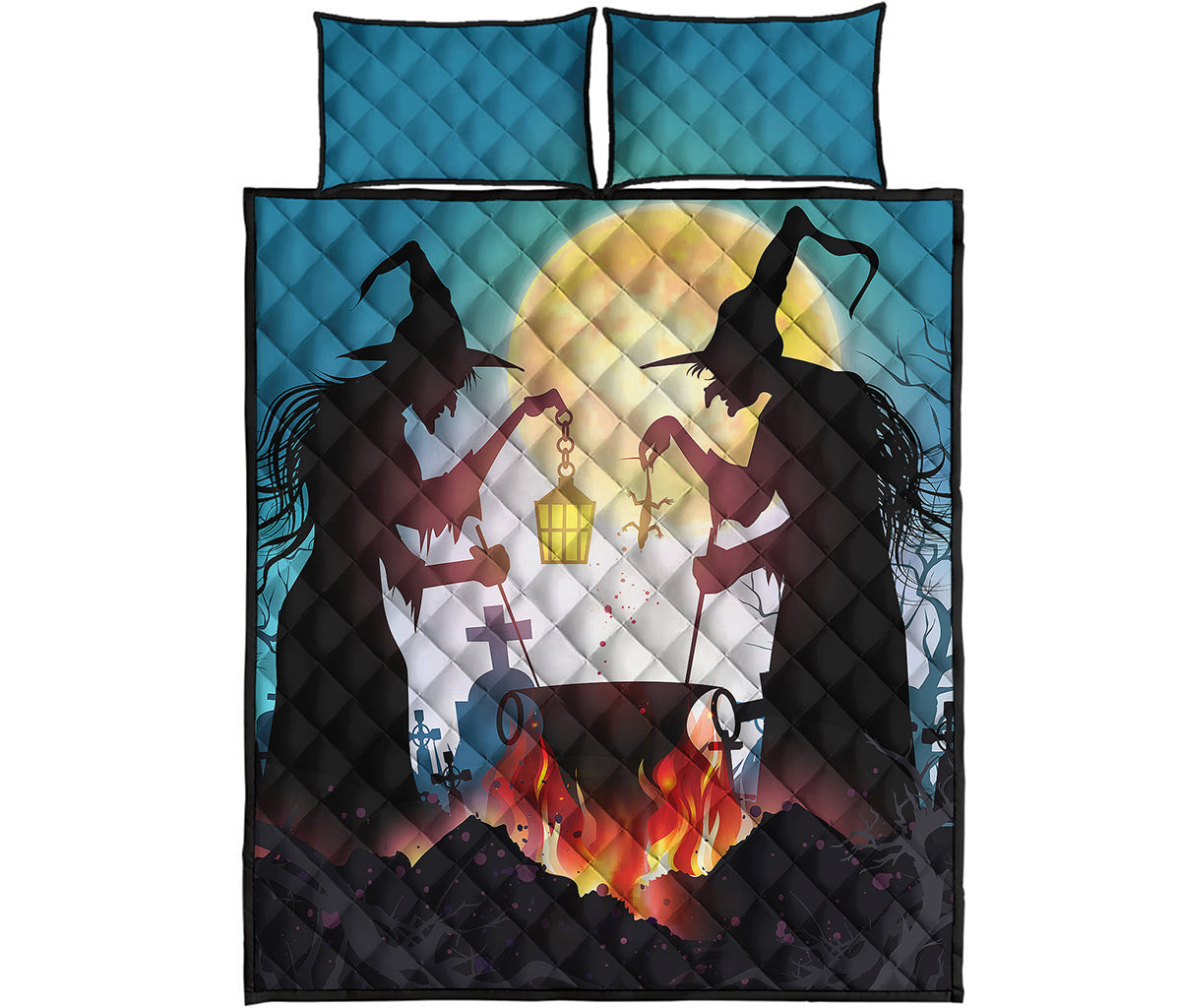 Halloween Witch And Cauldron Print Quilt Bed Set