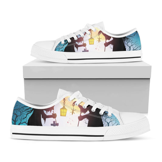 Halloween Witch And Cauldron Print White Low Top Shoes
