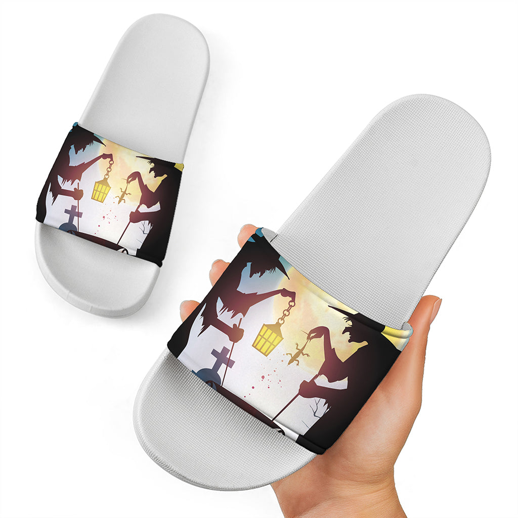 Halloween Witch And Cauldron Print White Slide Sandals
