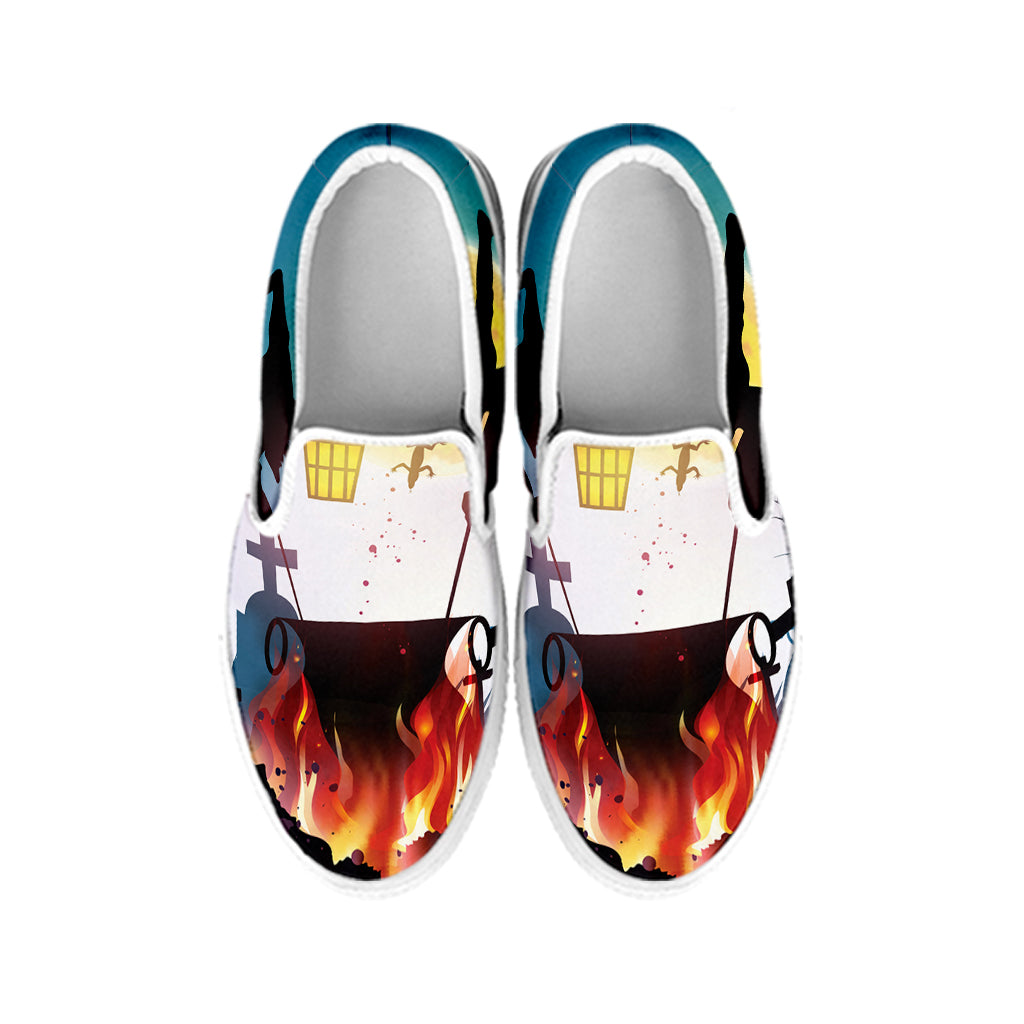 Halloween Witch And Cauldron Print White Slip On Shoes