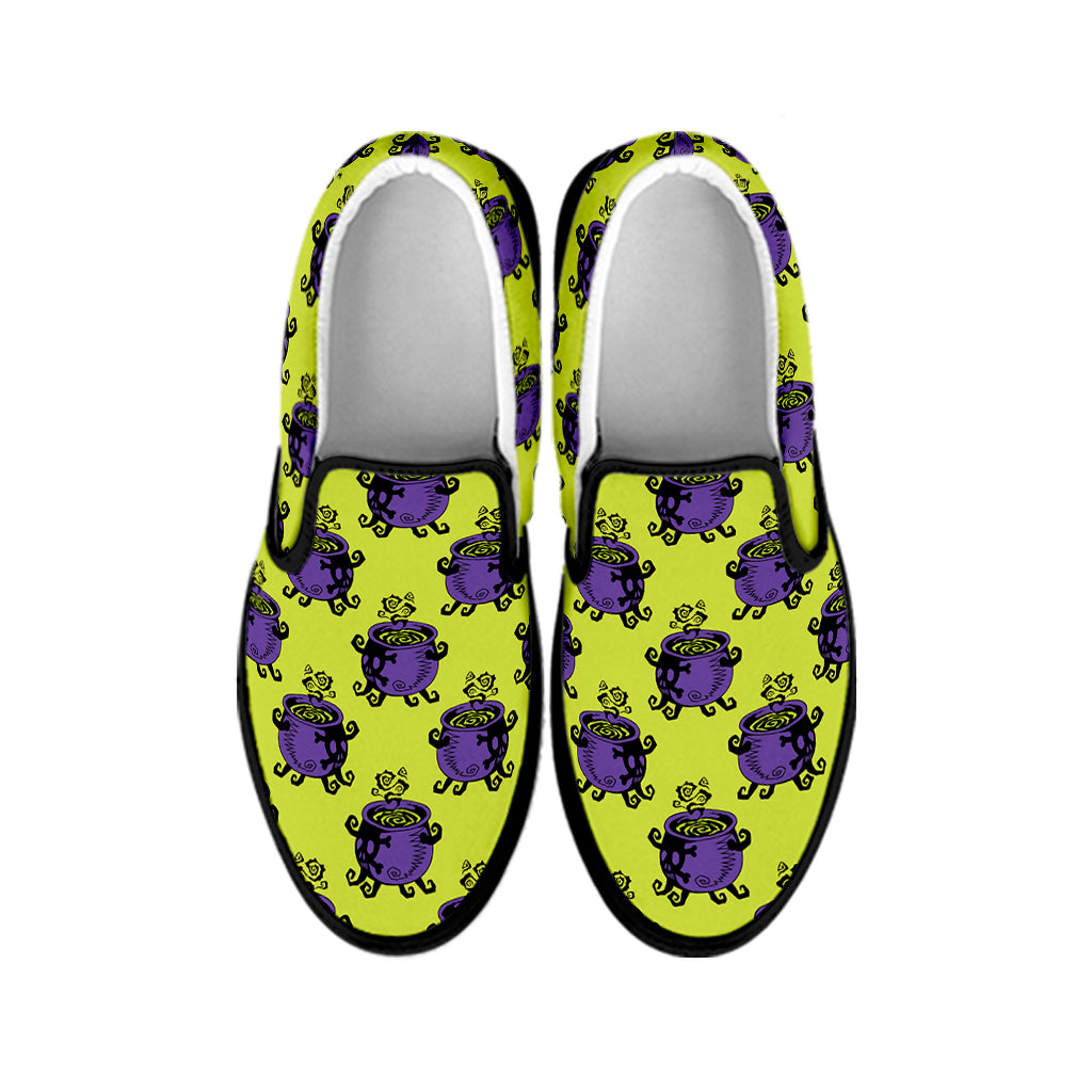 Halloween Witch Cauldron Pattern Print Black Slip On Shoes