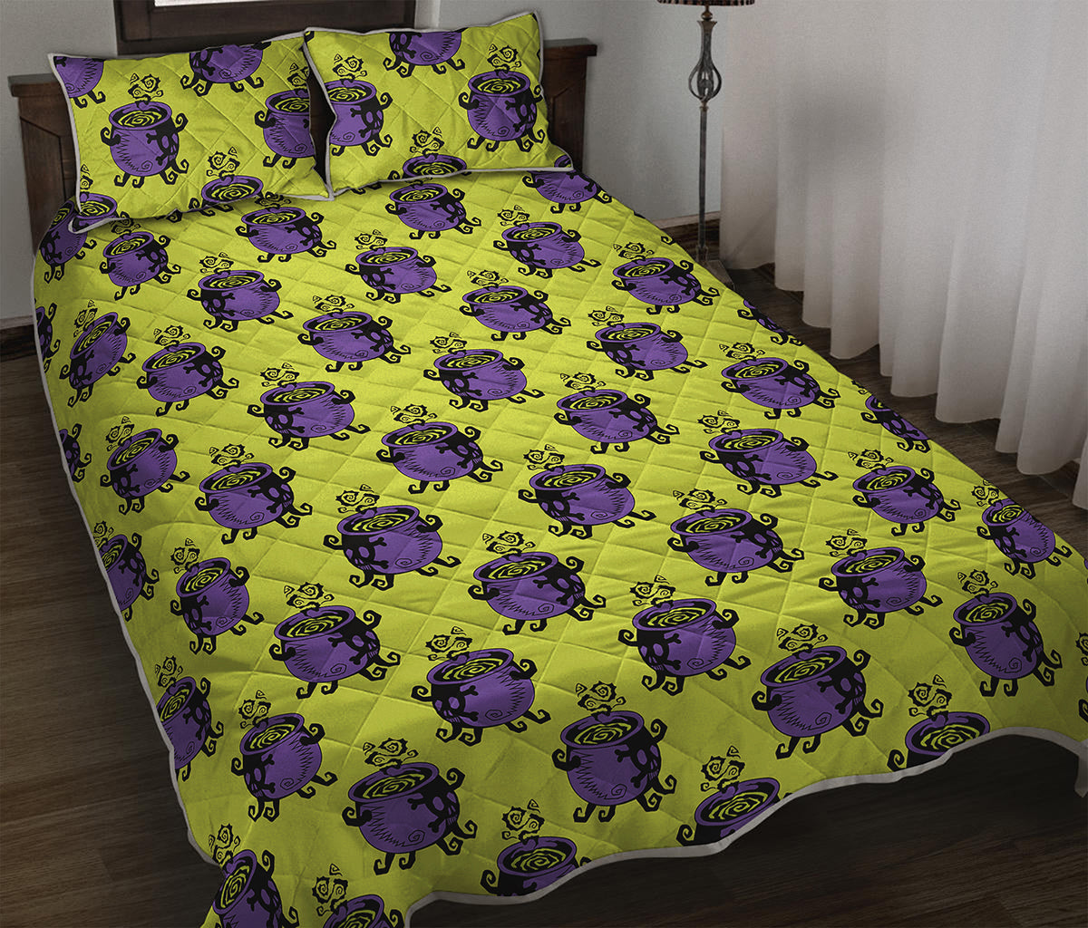 Halloween Witch Cauldron Pattern Print Quilt Bed Set