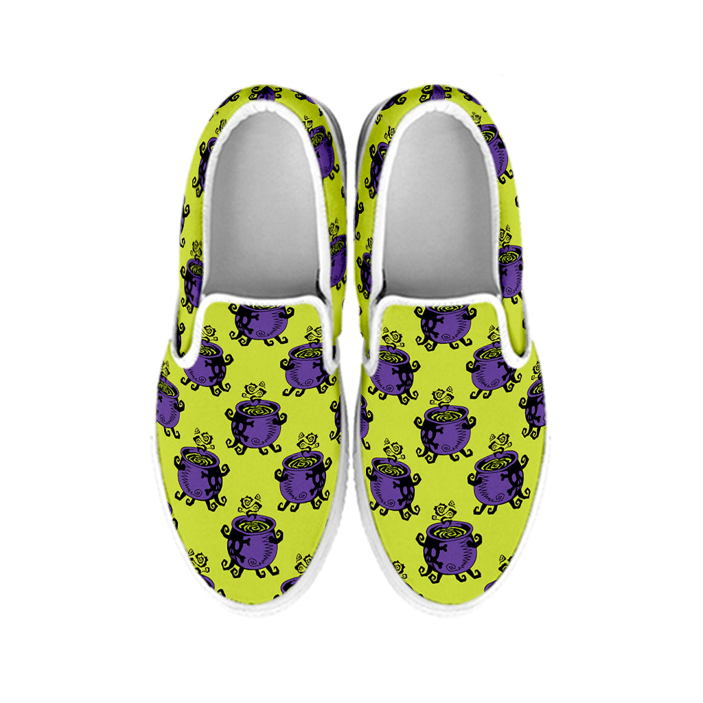 Halloween Witch Cauldron Pattern Print White Slip On Shoes