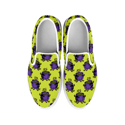 Halloween Witch Cauldron Pattern Print White Slip On Shoes