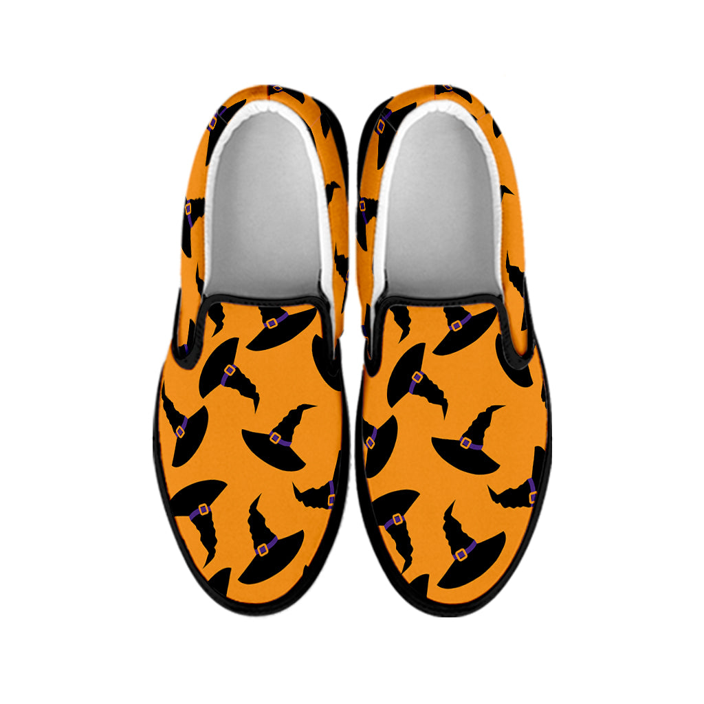 Halloween Witch Hat Pattern Print Black Slip On Shoes