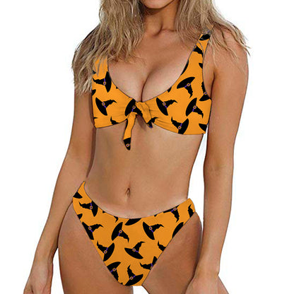 Halloween Witch Hat Pattern Print Front Bow Tie Bikini