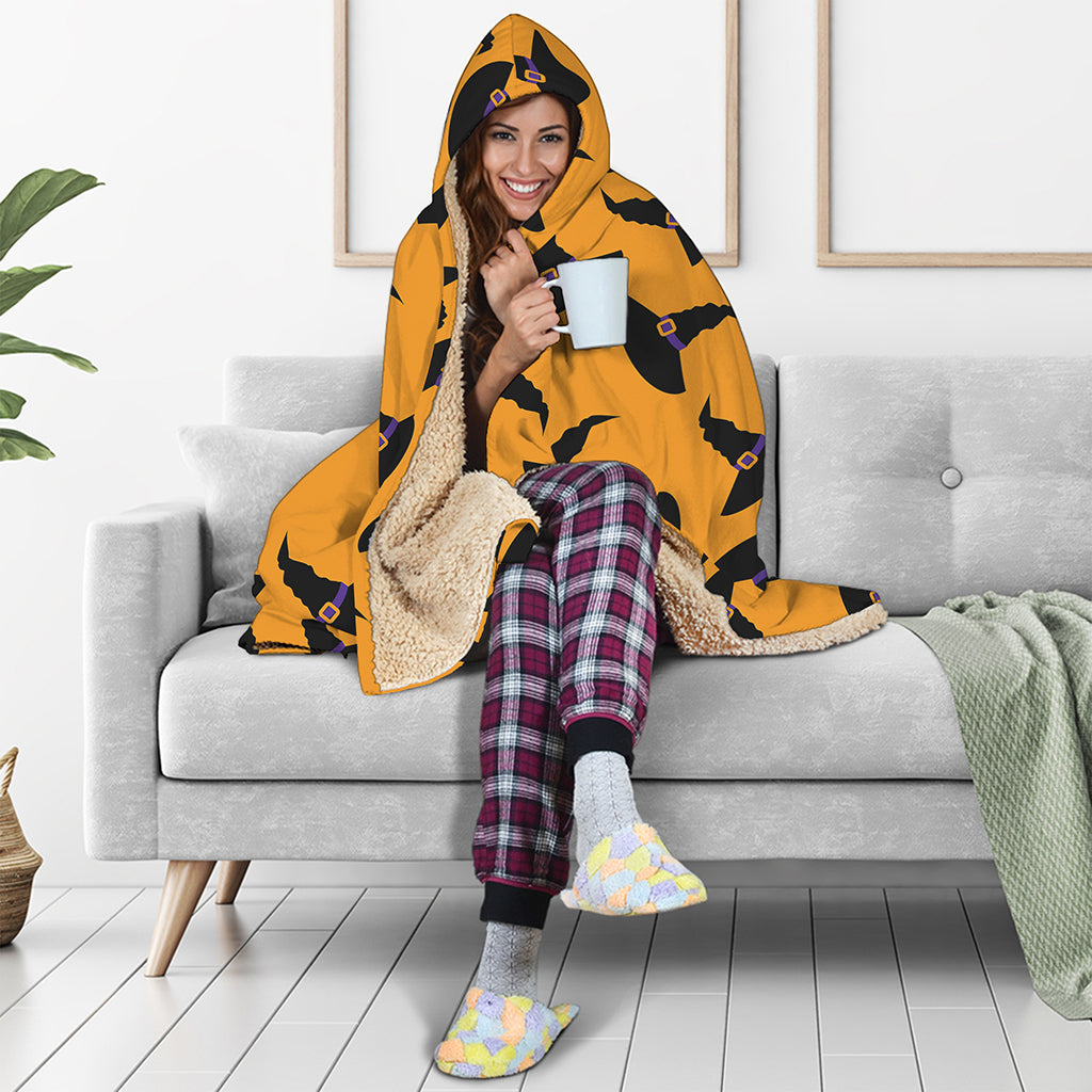 Halloween Witch Hat Pattern Print Hooded Blanket