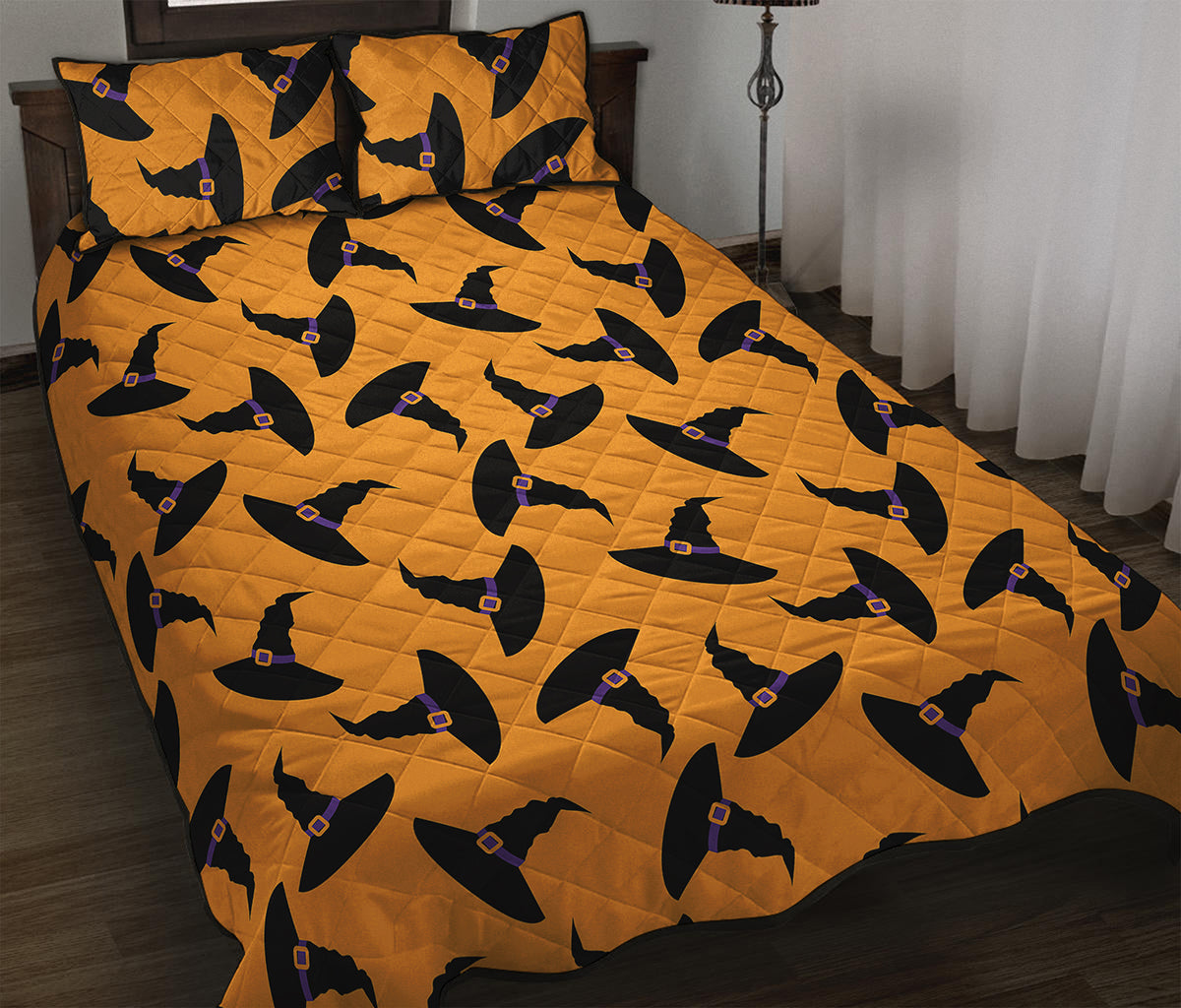 Halloween Witch Hat Pattern Print Quilt Bed Set