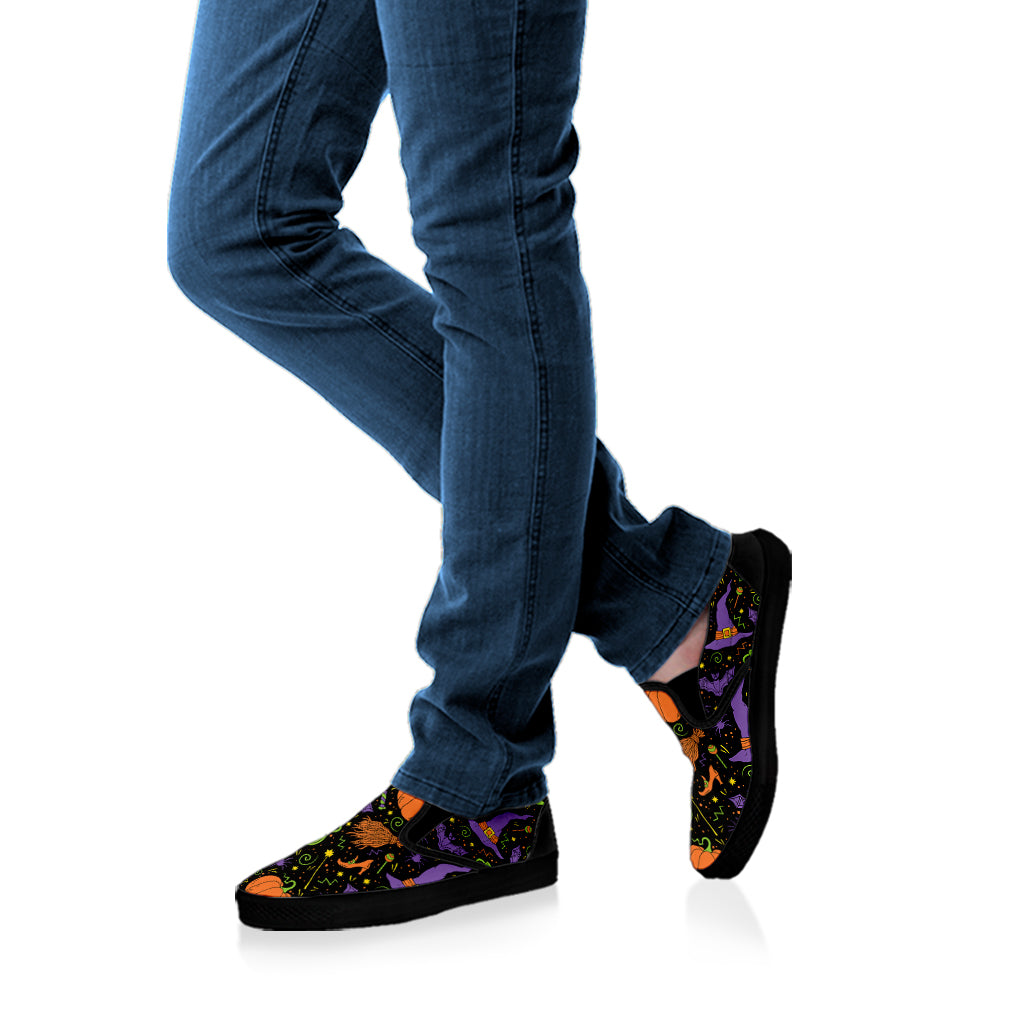 Halloween Wizard Pattern Print Black Slip On Shoes