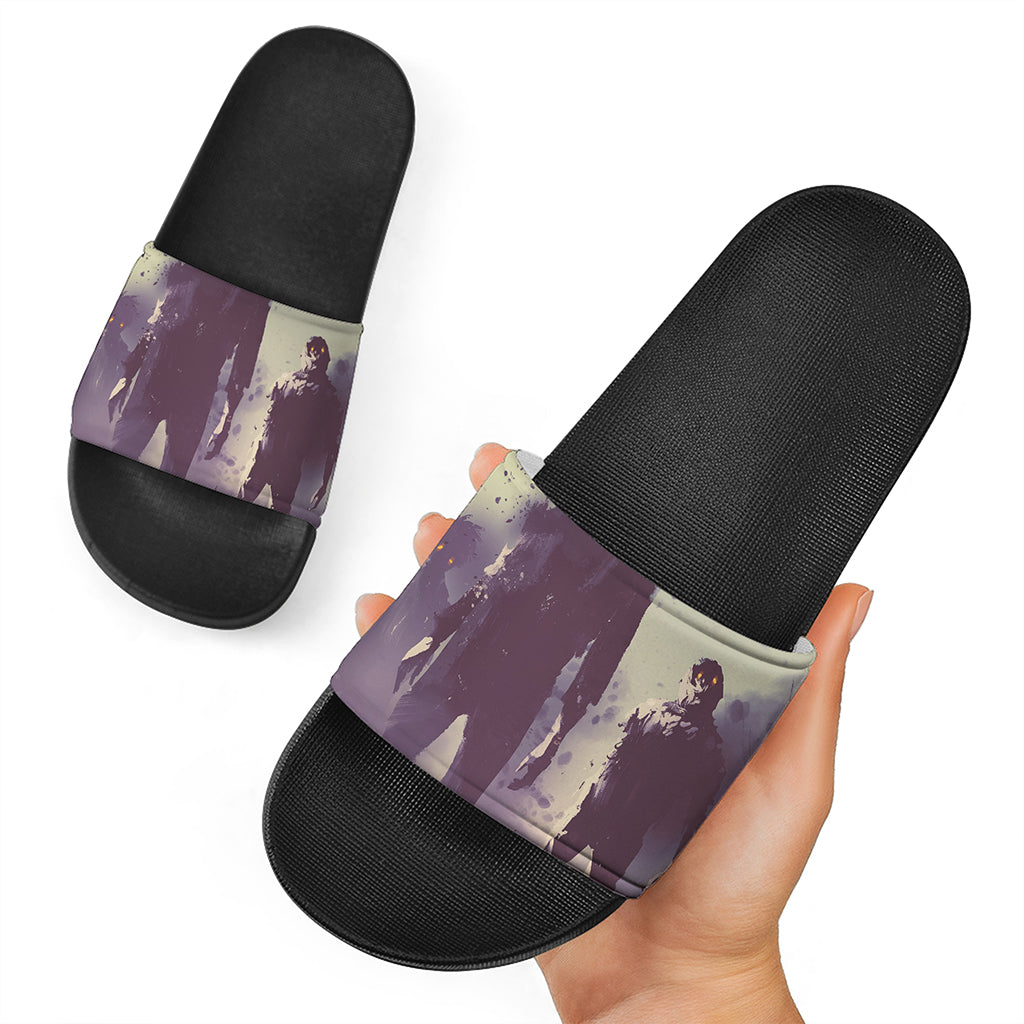 Halloween Zombie Crowd Print Black Slide Sandals