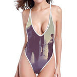 Halloween Zombie Crowd Print One Piece High Cut Swimsuit