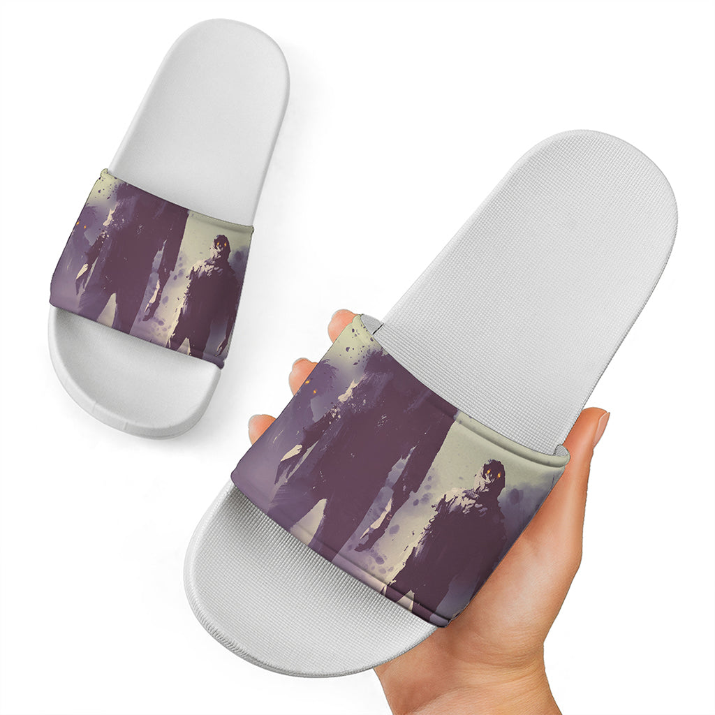 Halloween Zombie Crowd Print White Slide Sandals