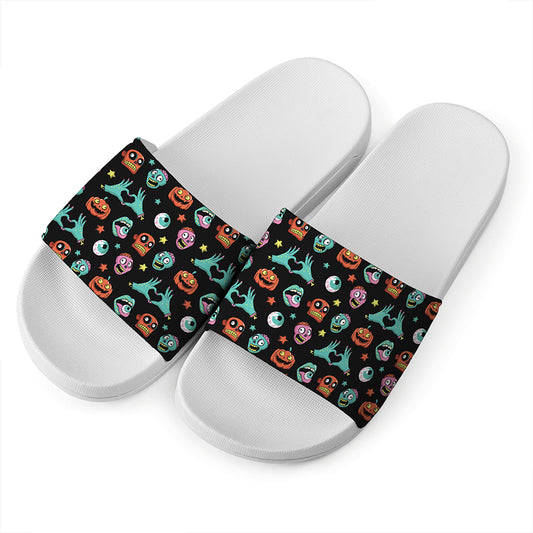 Halloween Zombie Pattern Print White Slide Sandals