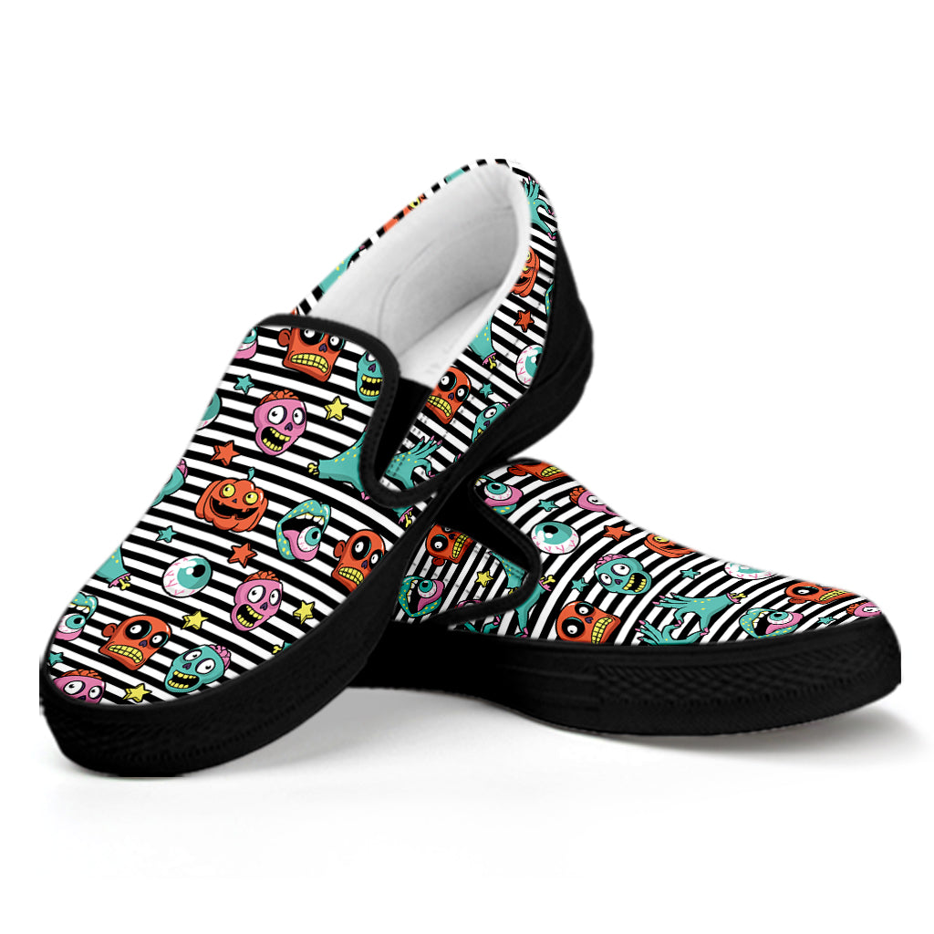 Halloween Zombie Striped Pattern Print Black Slip On Shoes
