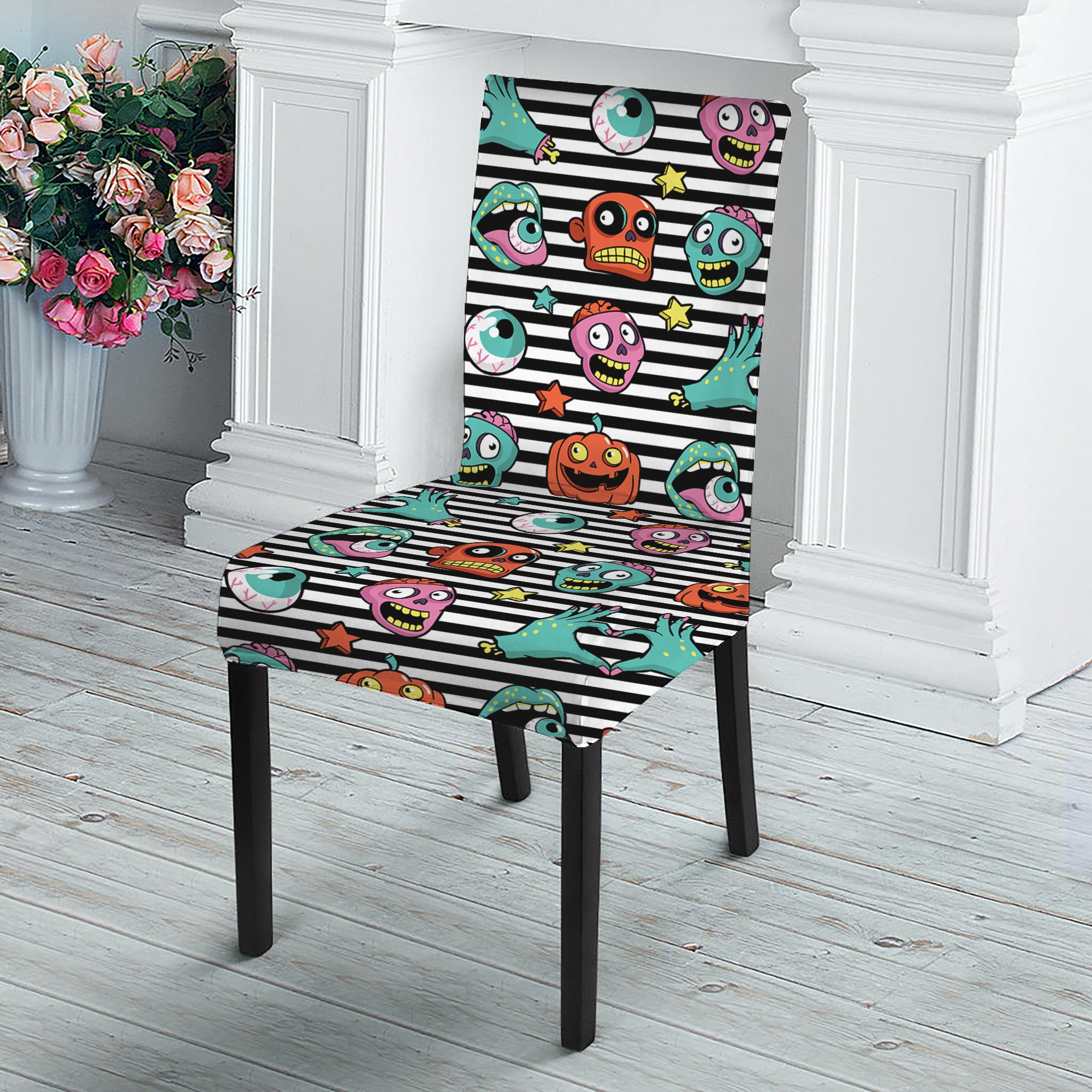 Halloween Zombie Striped Pattern Print Dining Chair Slipcover