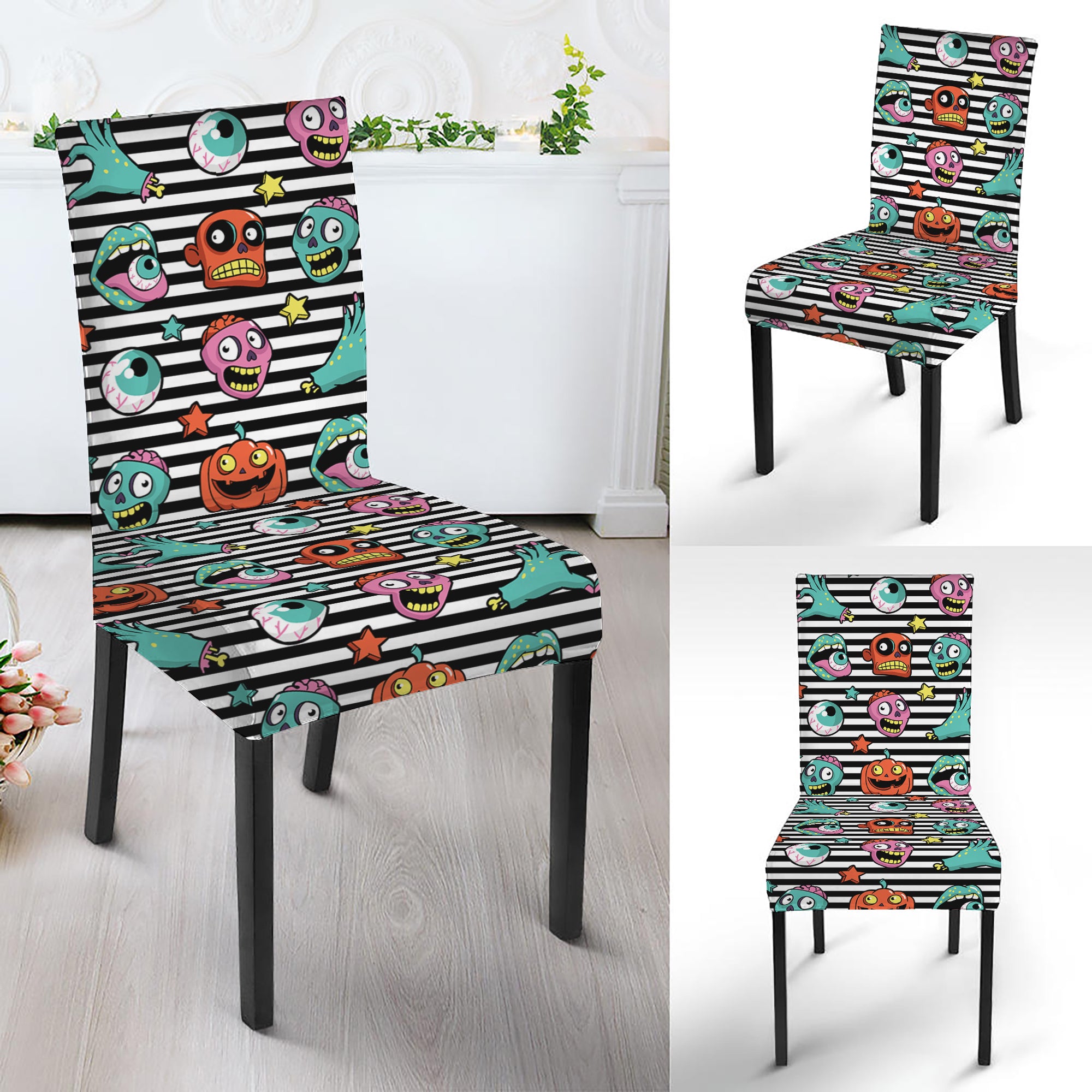 Halloween Zombie Striped Pattern Print Dining Chair Slipcover