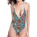 Halloween Zombie Striped Pattern Print One Piece High Cut Swimsuit