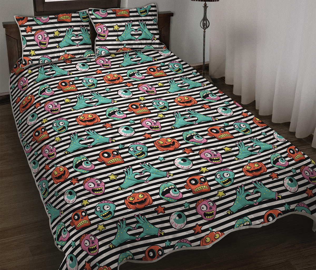 Halloween Zombie Striped Pattern Print Quilt Bed Set