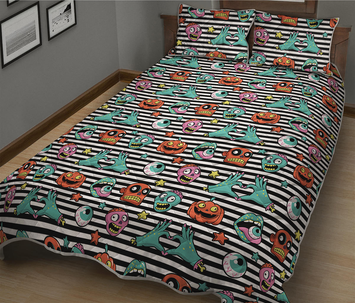 Halloween Zombie Striped Pattern Print Quilt Bed Set