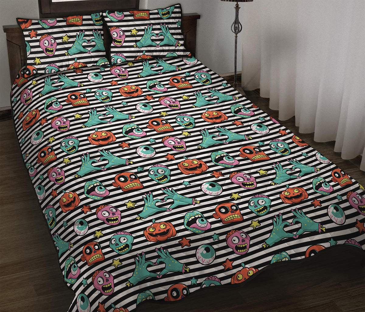 Halloween Zombie Striped Pattern Print Quilt Bed Set