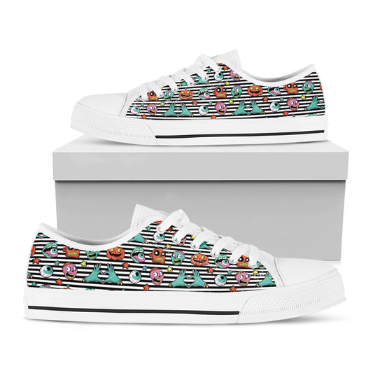 Halloween Zombie Striped Pattern Print White Low Top Shoes