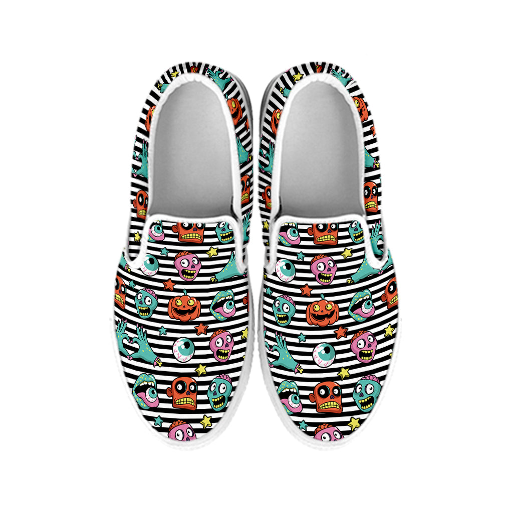 Halloween Zombie Striped Pattern Print White Slip On Shoes