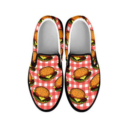 Hamburger Plaid Pattern Print Black Slip On Shoes