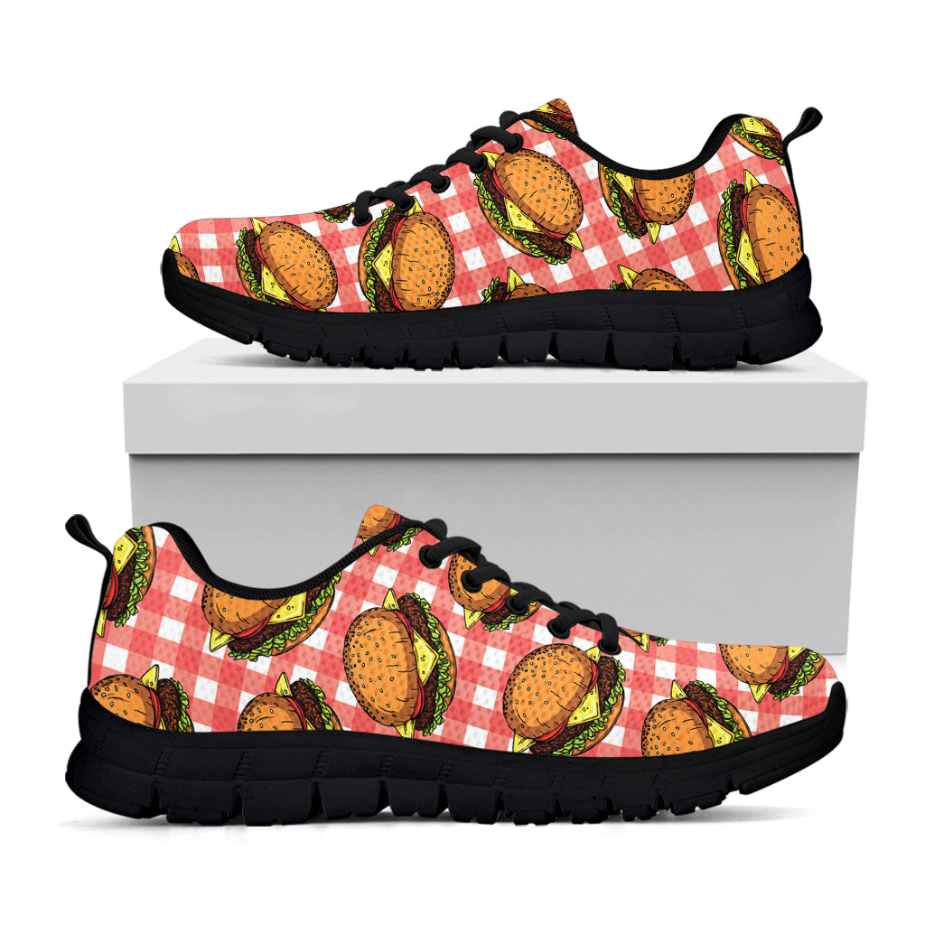 Hamburger Plaid Pattern Print Black Sneakers