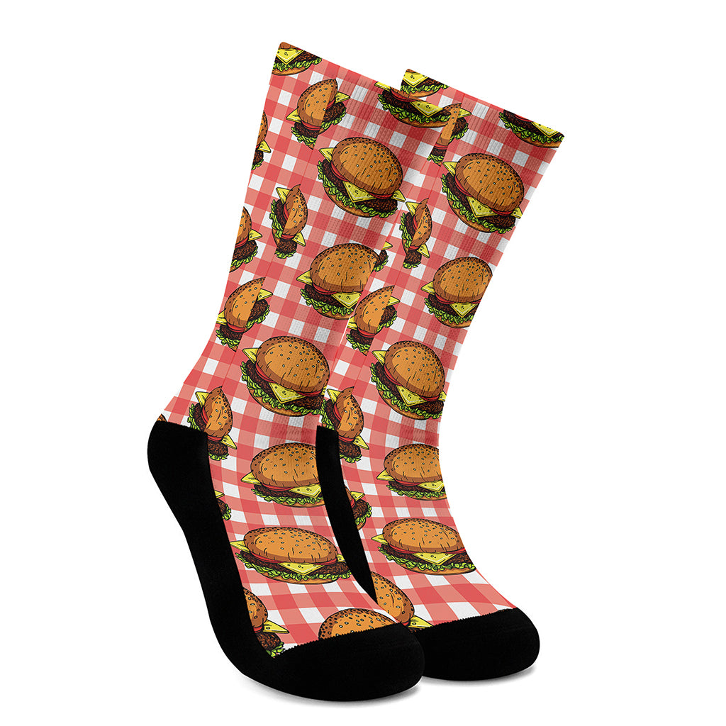 Hamburger Plaid Pattern Print Crew Socks