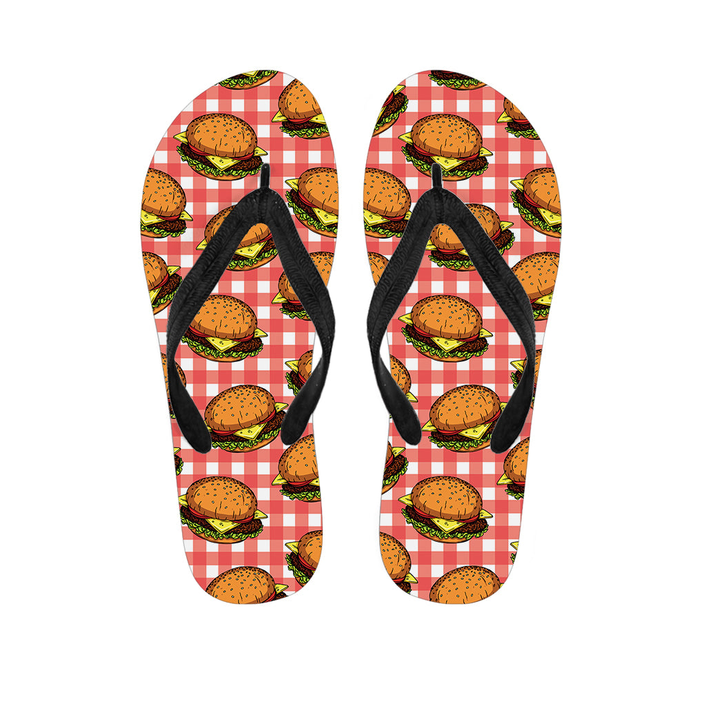 Hamburger Plaid Pattern Print Flip Flops