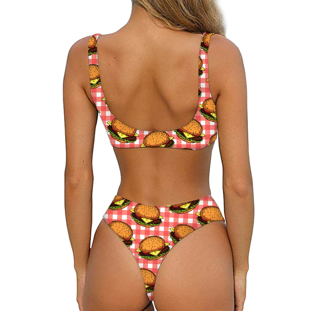 Hamburger Plaid Pattern Print Front Bow Tie Bikini