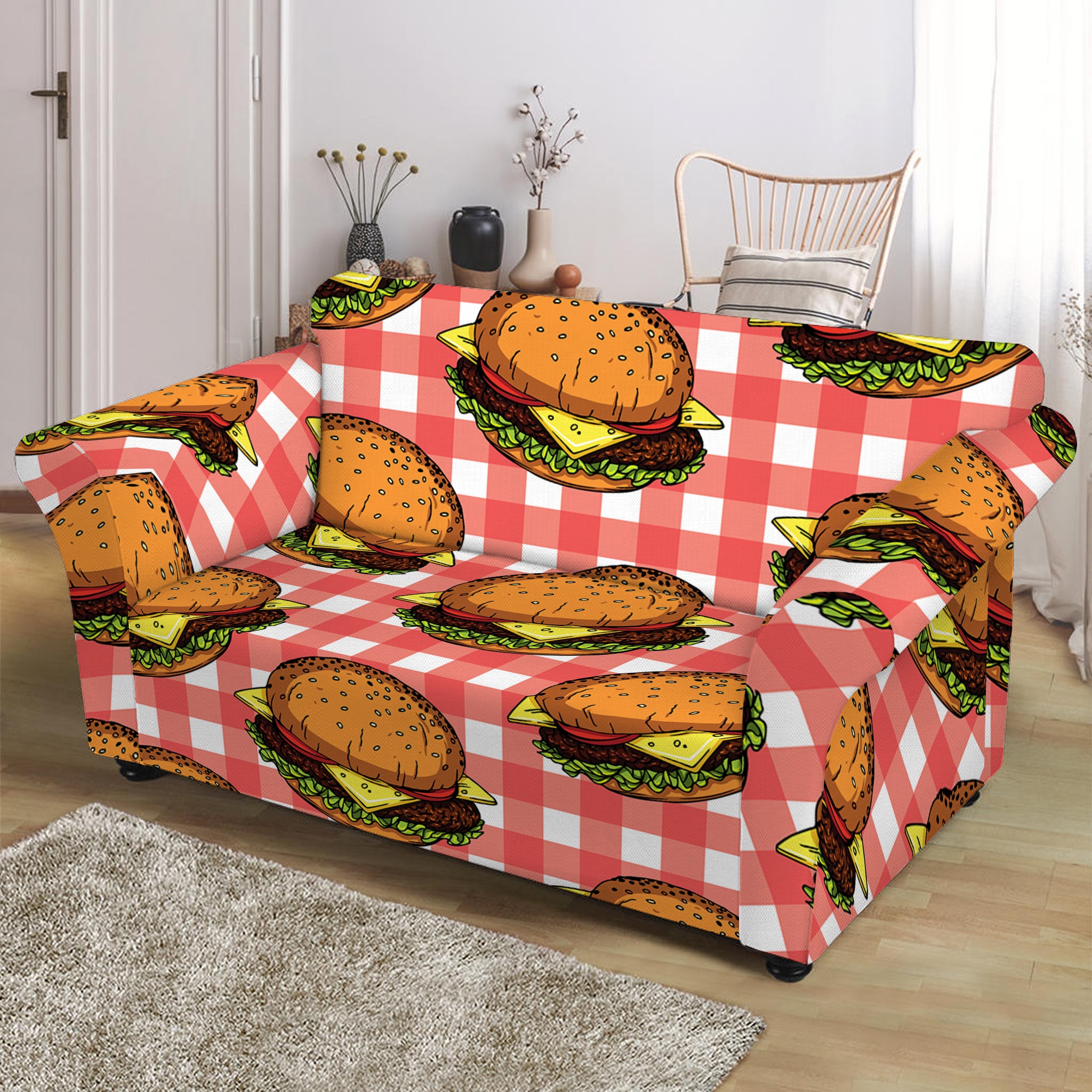 Hamburger Plaid Pattern Print Loveseat Slipcover